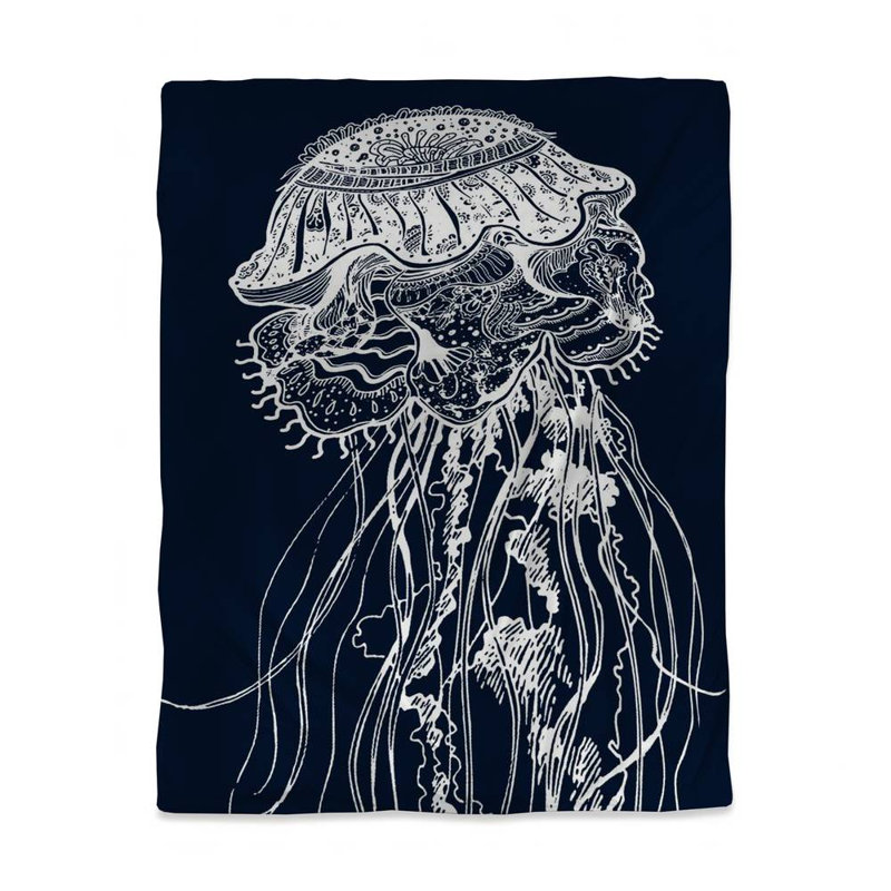 Polyester Sateen Duvet Cover, Twin Duvet, Blue Detailed Jellyfish Illustration