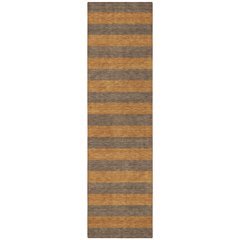 8' Runner Brown and Tan Striped Washable Non Skid Indoor Outdoor Runner Rug