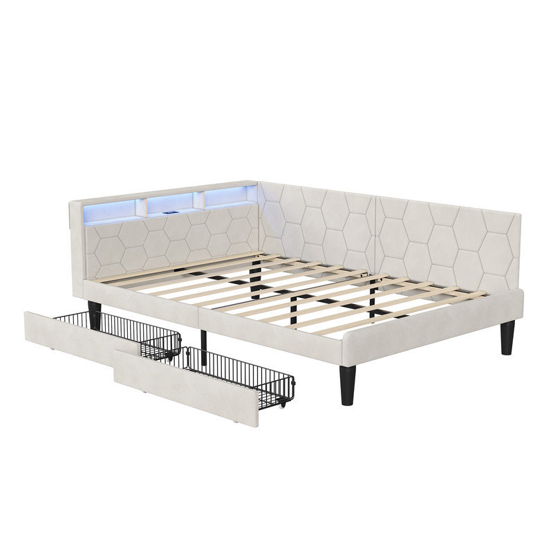 Upholstered Daybed with 2 Storage Drawers,Single Sofa Bed, 140*200 cm, Beige