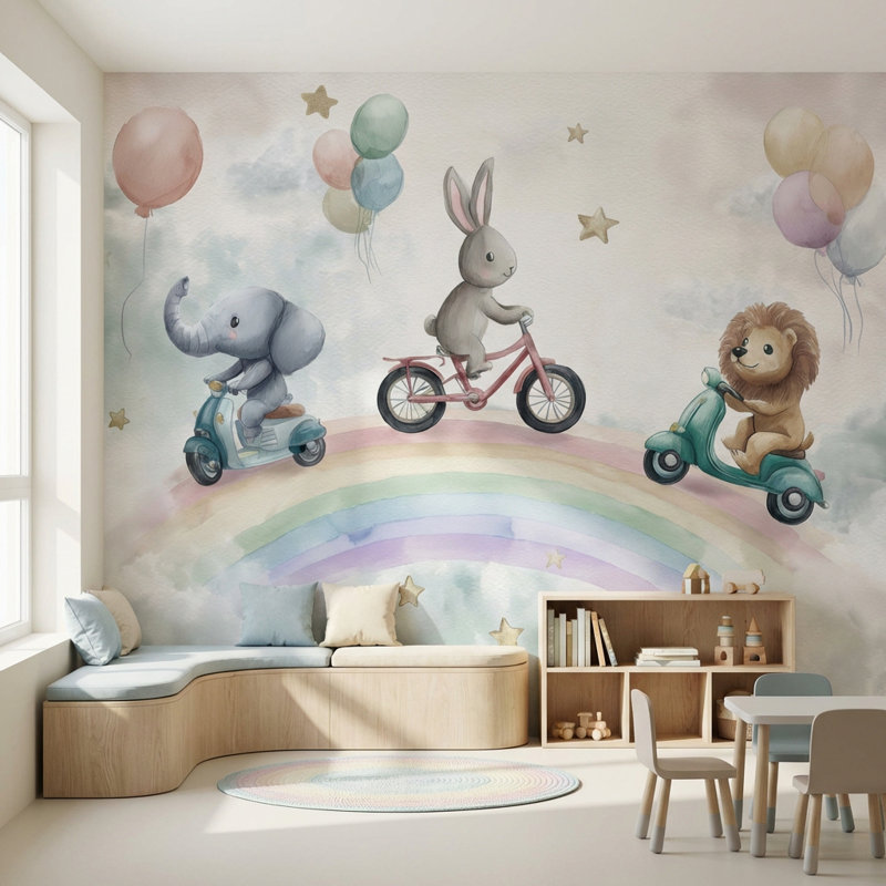Papier peint animaux fantaisistes, arc-en-ciel, ballons, Texturé non collé, 100 po x 96 po