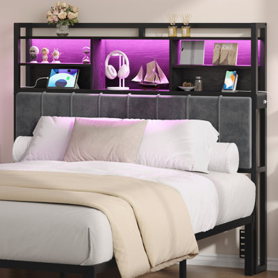 Tête de lit avec tablettes de rangement à 3 niveaux, tête de lit tapissier en velours avec 2 prises, ports USB et lumière DEL, dossier doux pour grand lit, noir