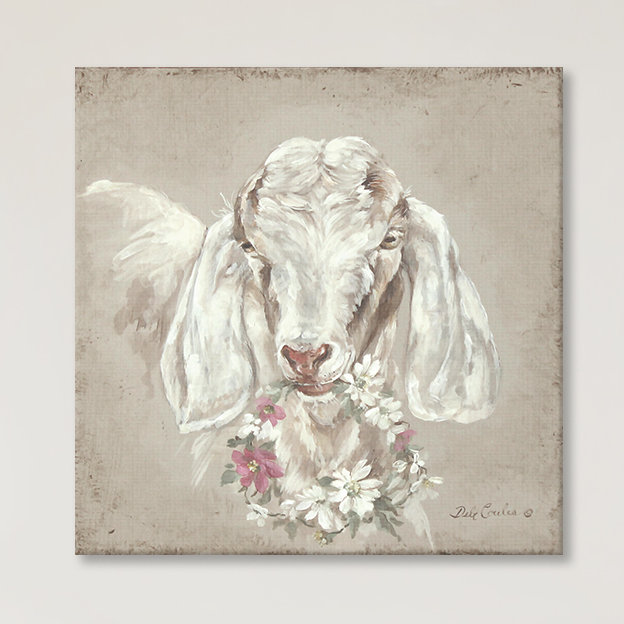 «Goat with Wreath», peinture sur toile, H 12 po x l 12 po x P 0,75 po, Pas de tapis, Toile tendue