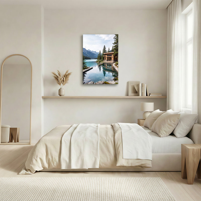 Art moderne sur toile, "Modern Wooden Cabin" par Turquoise Lake and Mountains, 36"H x 24"W