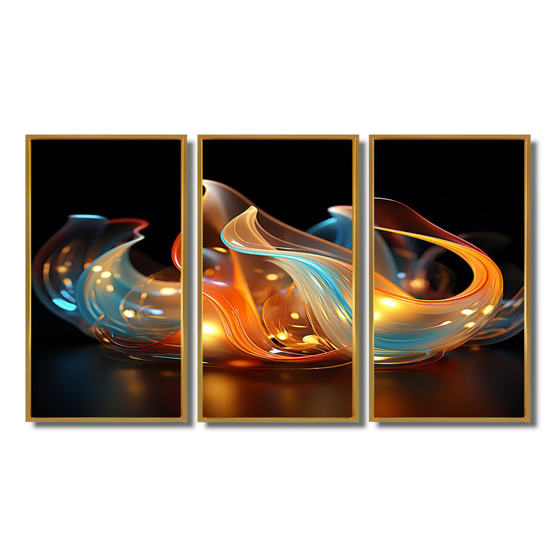 Feu, eau, vagues, bleu et orange - ensemble d'art abstrait mural, Cadre flottant doré, H 40 po x l 60 po x P 1 po