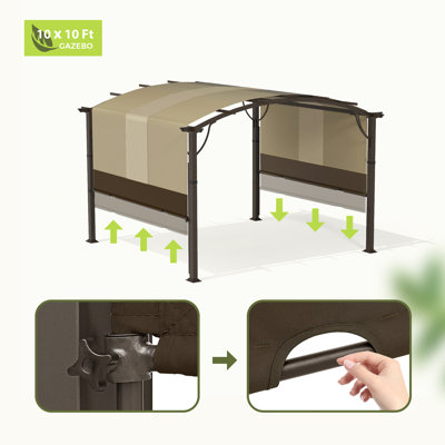Pergola d'extérieur en aluminium 10 pi x 10 pi avec auvent légèrement arqué et abat-jour rétractable brun