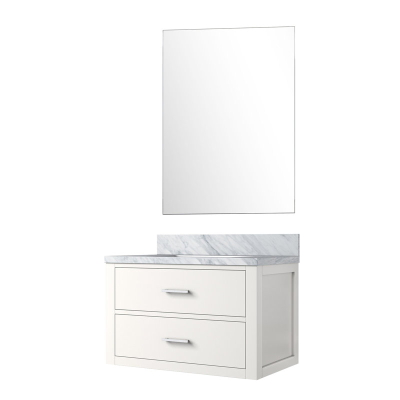 Meuble-lavabo blanc 30 po x 22 po avec comptoir en marbre et miroir de 28 po à fermeture douce, avec panneaux en contreplaqué