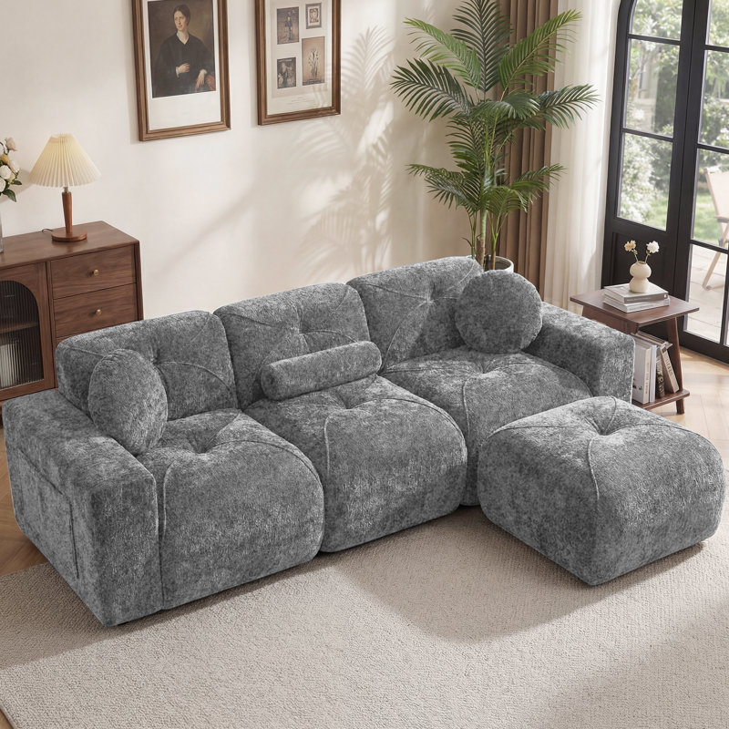 Canapé modulaire en velours sans os pour le salon sans assemblage requis, L 112 po, Gris