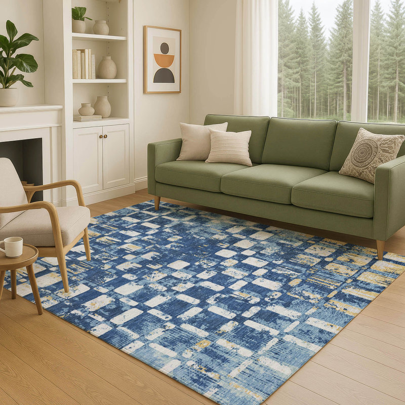 Tapis abstrait intérieur / extérieur lavable à la machine Chantille ACN2628, Marine, 10 pi x 14 pi