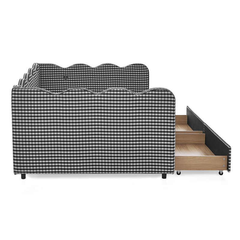 Full Size Cozy Gingham Daybed with Two Storage Drawers, with USB Port and Adorable Wave Shaped, Linen Fabric, Black