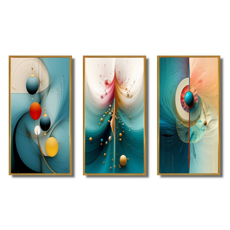 "Géométrie de la sagesse turquoise abstrait II" - 3 pièces, Cadre flottant doré, H 28 po x l 36 po
