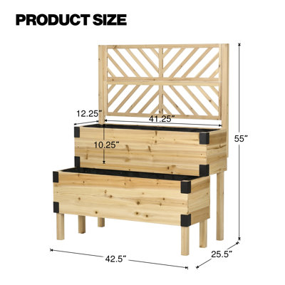 Two-tiered outdoor elevated wooden planting boxes, complete with a trellis, metal corner guards, and raised legs; garden planters for growing vegetables and flowers.