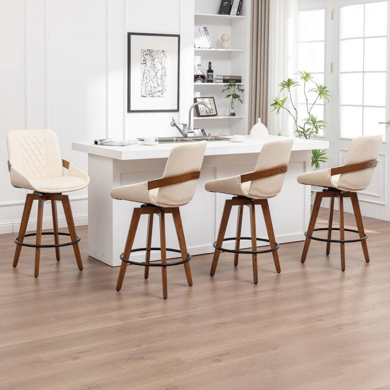Swivel Upholstered Counter Stool, Beige, 4, Bar Stool (77cm Seat Height)