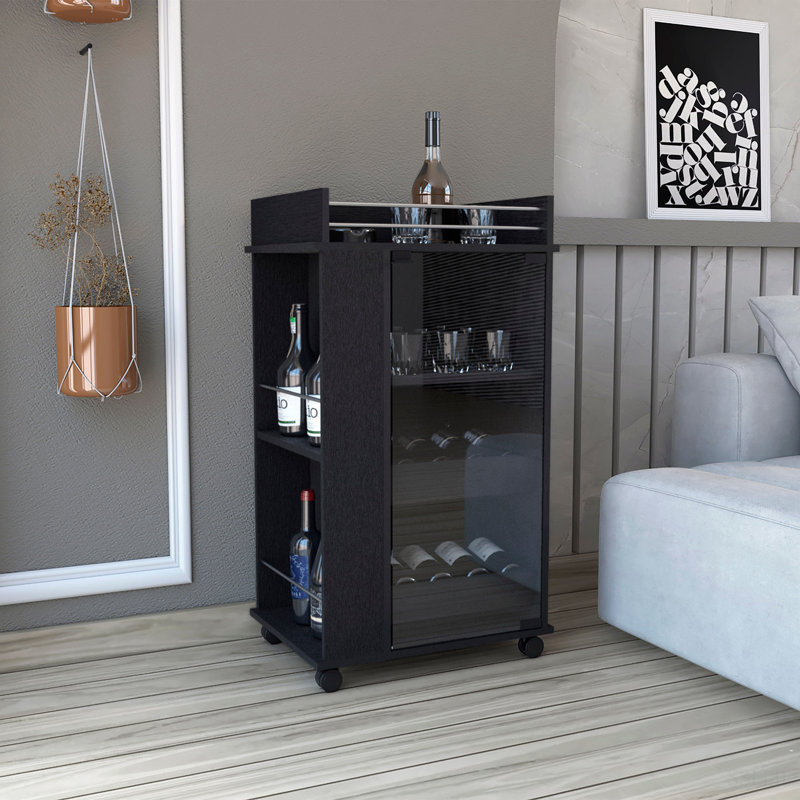 Bar Cart With Glass Door, 2-Side Shelves And Casters, Black