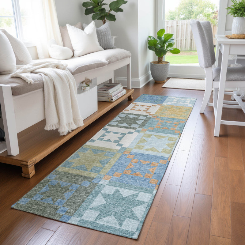 Machine Washable Indoor/Outdoor Chantille ACN2538 Patchwork Rug, Blue, Runner 2'3" x 7'6"