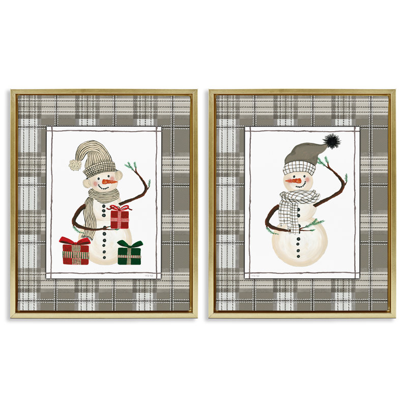 Ensemble de 2 cadres flottants Cozy Snowmen on Plaid, design par Cindy Jacobs, H 31 po x l 25 po