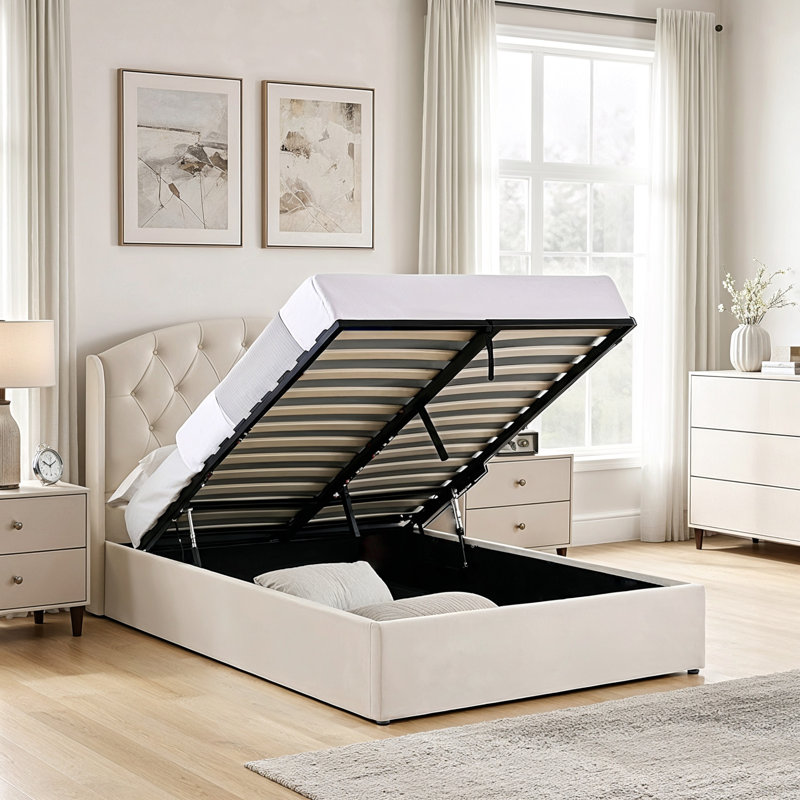 Balcer Upholstered Ottoman Lift Up Storage Bed, Diamond, Beige 