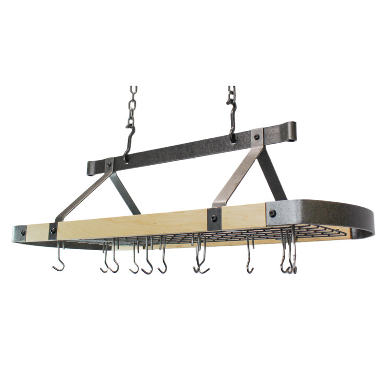 Signature 45" Oval Ceiling Pot Rack Hammered Steel w Maple & 18 Hooks
