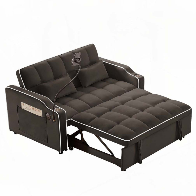 Canapé-lit en velours coulissant avec poches latérales, port USB, support pour téléphone pivotant, Brun