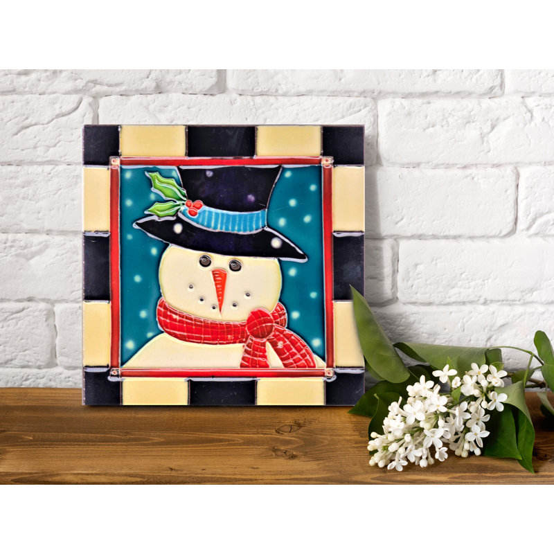 Snowman with Checkered Background 8x8" Art Tile Decorative Accent Trivet and Hot Plate