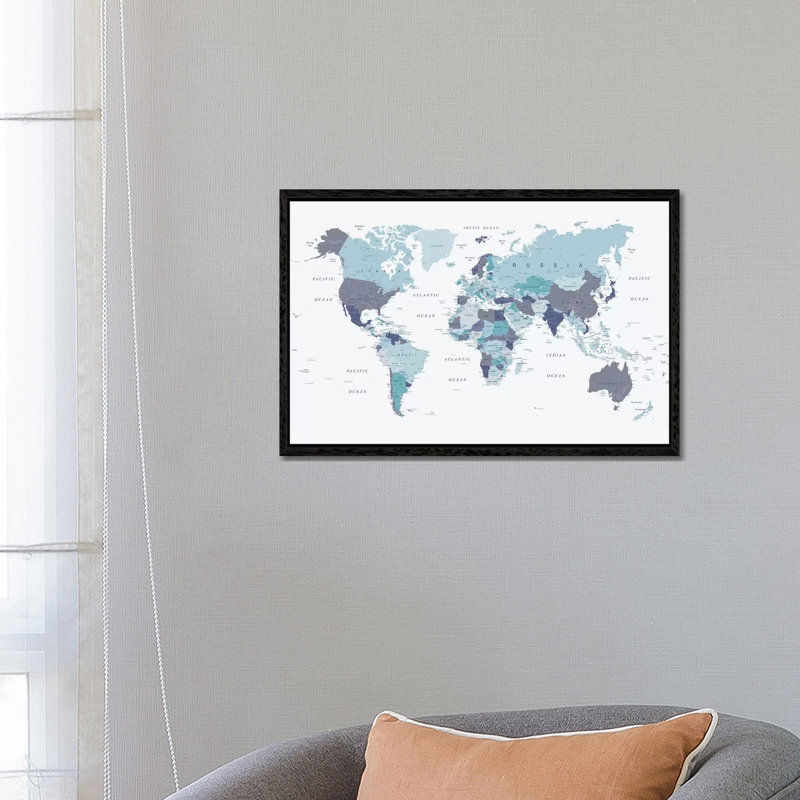 World Map Blue I 1 Piece Wall Art on Canvas, 66.04 cm H x 45.72 cm W, Black Framed