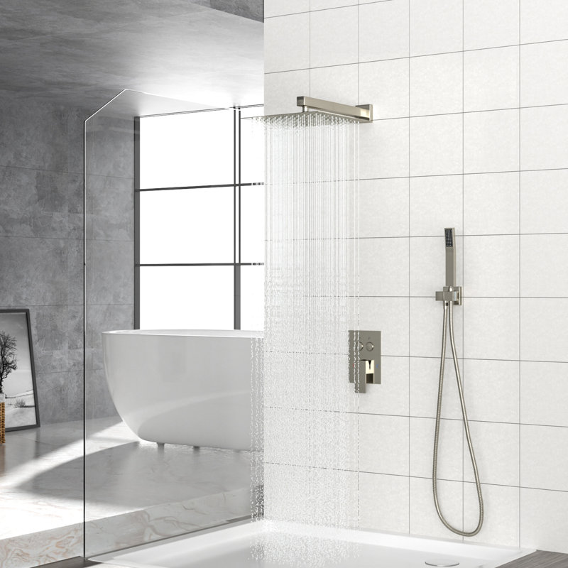 Pomme de douche double carrée - 10 po à fixation murale, nickel brossé, valve équilibrée, pluie et douchette 10 po et douche, installation facile