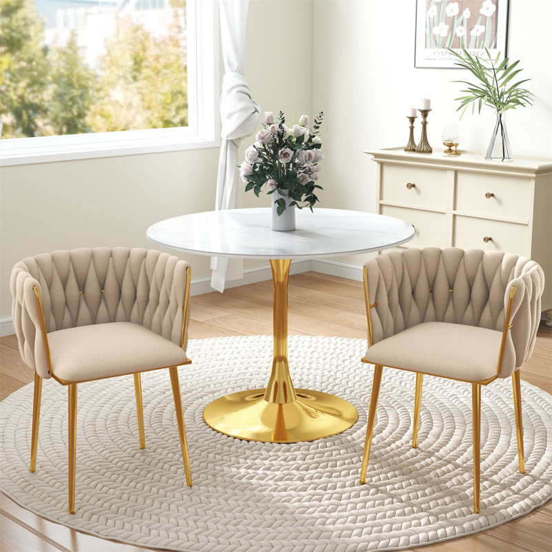 Round Pedestal Dining Set with Woven Dining Chair, Beige