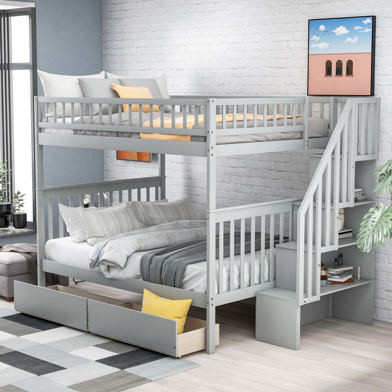 Lit superposé avec deux tiroirs et rangement, Gris