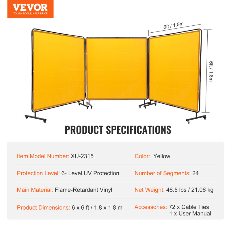Welding Screen with Frame, 6' 3 Panel Welding Curtain Screens, Flame-Resistant Vinyl Welding Protection Screen on 12 Swivel Wheels (6 Lockable), Moveable & Professional for Workshop