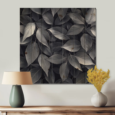 Slate Grey Leaves Beauty II - Décoration murale en bois de feuilles - sur bois de pin naturel