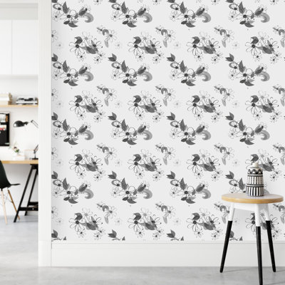 Panneau de papier peint adhésif noir et blanc à motif floral L 18,75 pi x l 25 po