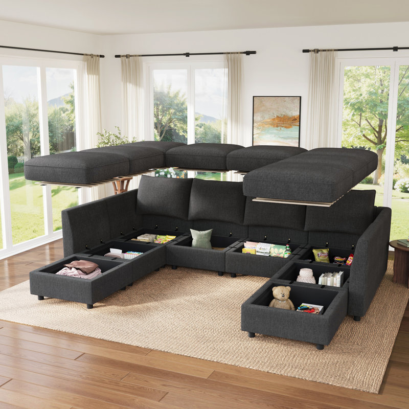 Canapé-lit modulaire en forme de U avec rangement Tremee - gris clair, Polyester gris clair