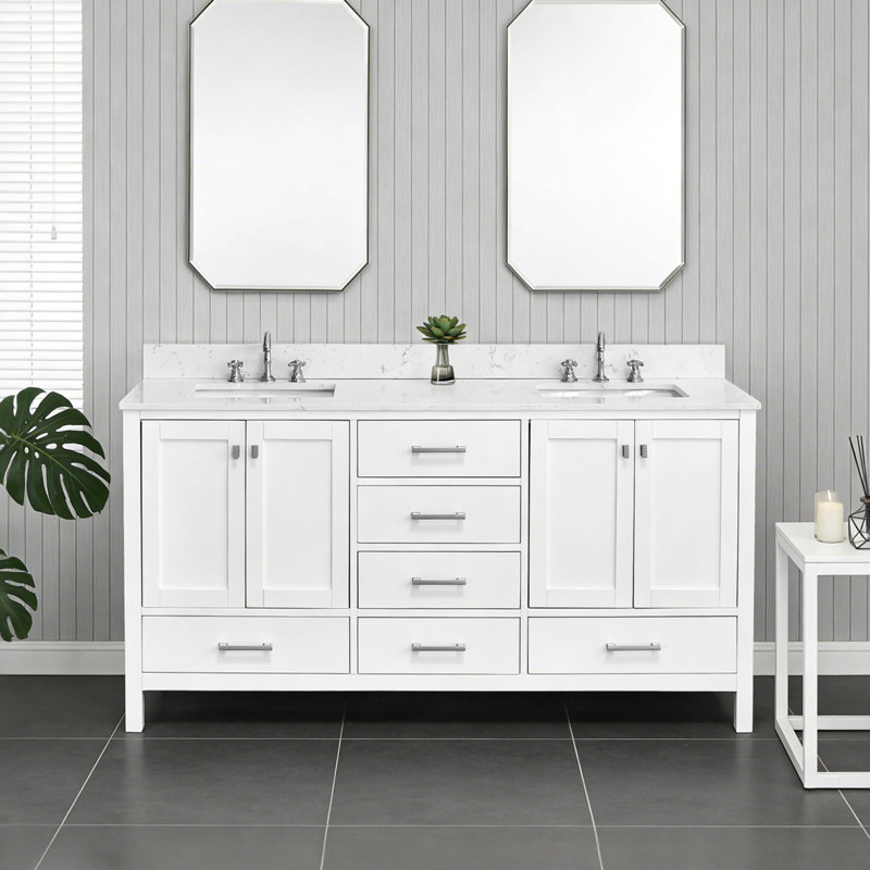 Meuble-lavabo double 72 po avec comptoir en pierre, Blanc