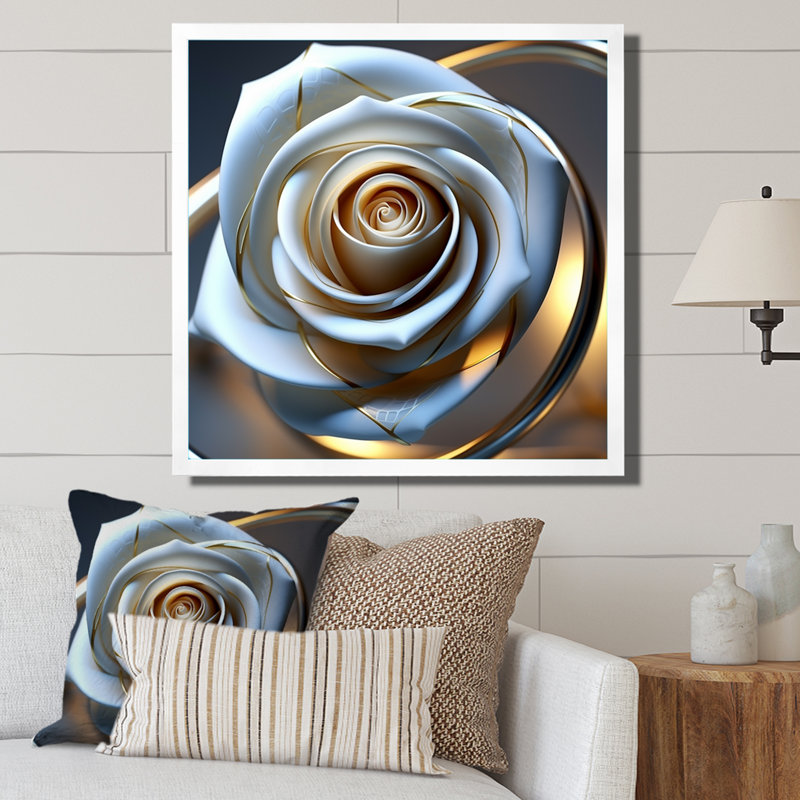 Exquiste - rose blanche avec pétales glamour dorés I - impression, H 30 po x l 30 po x P 1 po, Cadre photo blanc