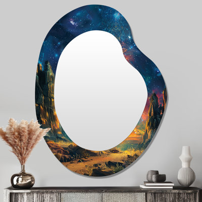 Great Mystery Ocean Wanderer - grand miroir mural asymétrique bleu, miroir décoratif de forme unique océan, impression d'art en métal