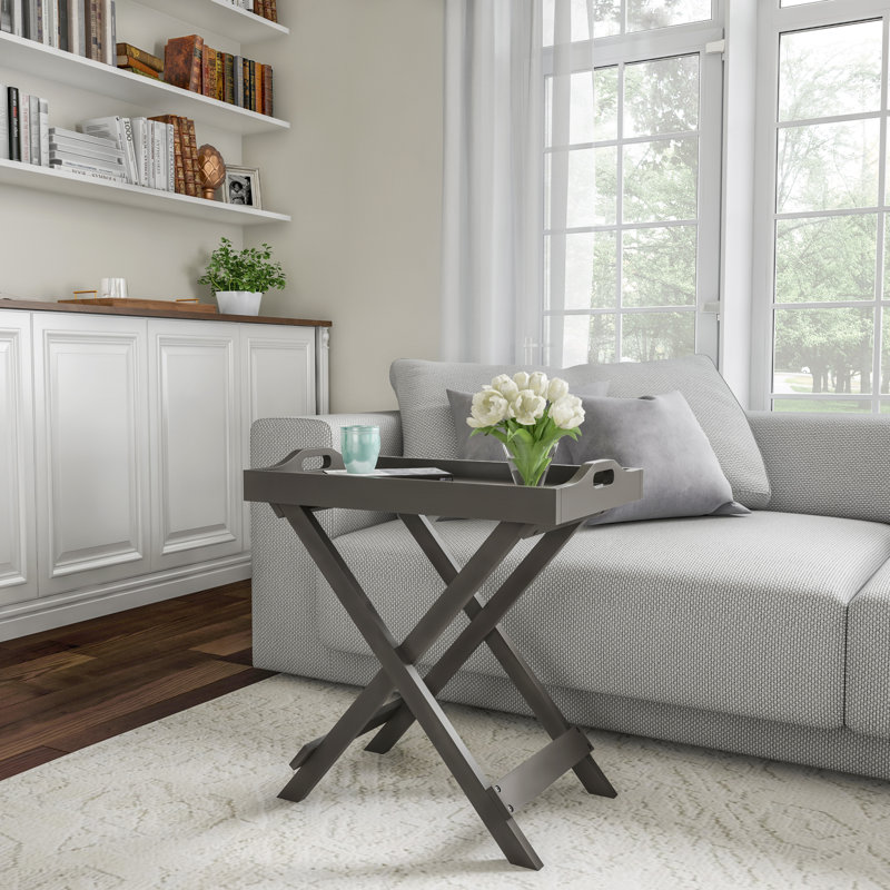 Table de bout pliante Kincheloe - Support en bois avec plateau télé amovible pour le service - Table de chevet, Gris, Gris