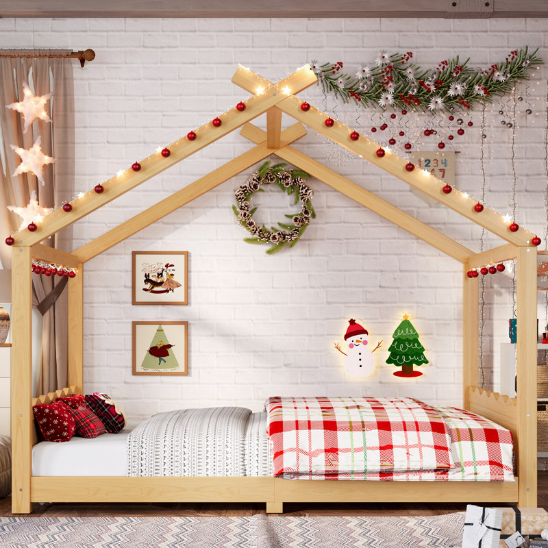 Full Size Kids House Floor Bed with Solid Wood Frame, Playhouse Design, Support Slats, No Box Spring, Natural, Natural, Full