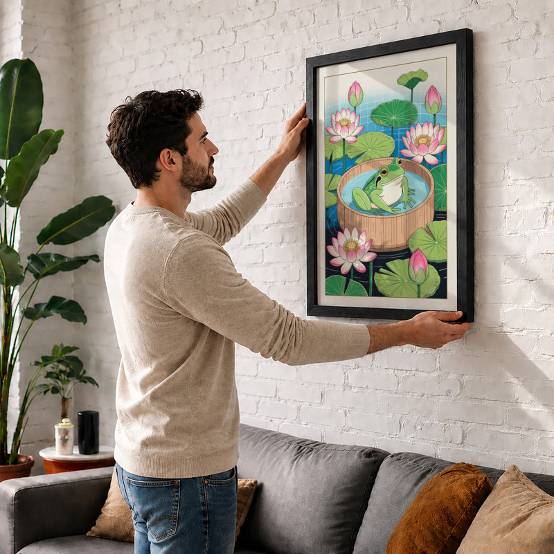 Frog in Lily Pond Botanical - Framed Print, A3 - 42.0 x 29.7 cm, Unframed