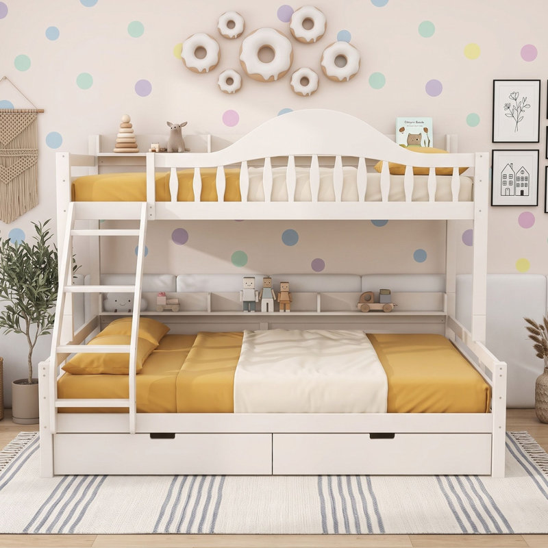 Lit superposé en bois avec garde-corps courbés, tiroirs de rangement et tablettes de rangement latérales intégrées, Beige