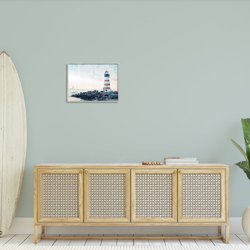 Phare à rayures rouges, plage rocheuse, Coa, par Ziwei Li, Estampe numérique Farmhouse, H 16 po x l 20 po x P 1,5 po