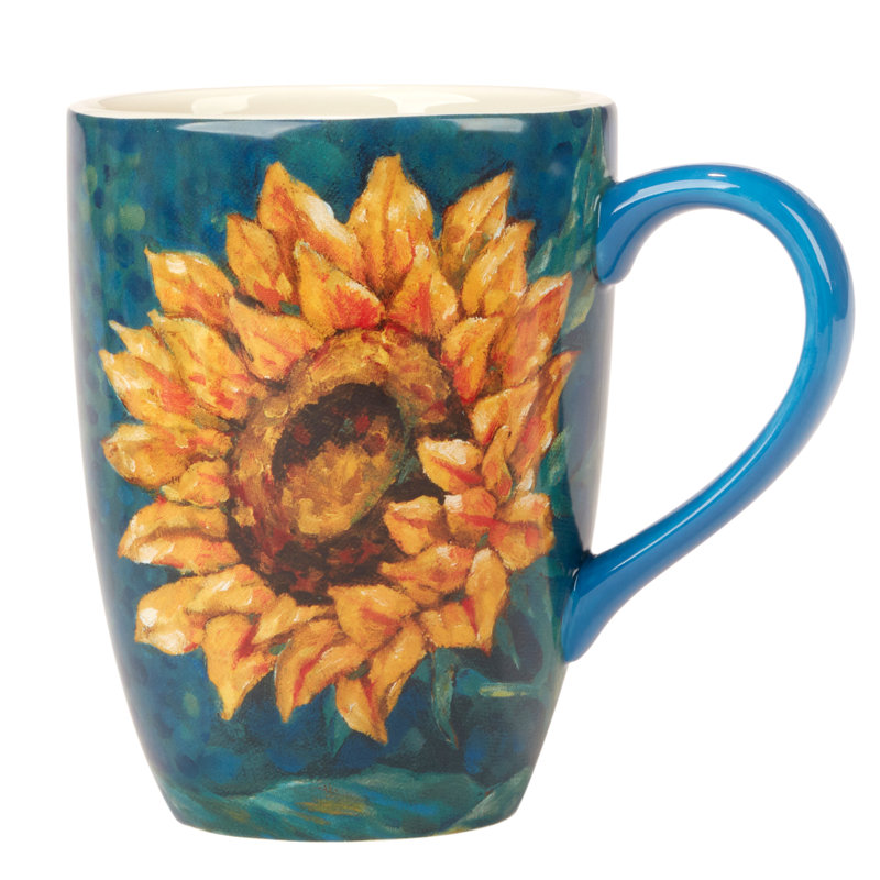 Golden Sunflower Blue Ceramic 20 oz Mug Set