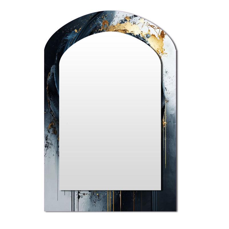 Black Gold Abstract Shapes And Lines V - Abstract Shapes Asymmetrical Decorative Wall Mirror, Modern Arch Mirror, Printed Metal Art
