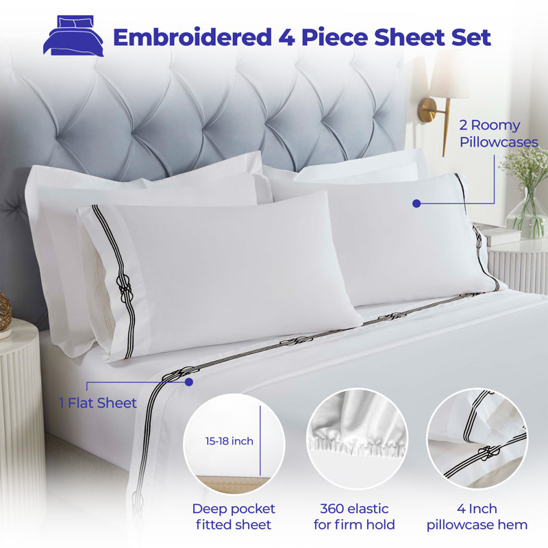 Ensemble de draps en coton brodé Moonlawn, Ensemble de draps pour très grand lit avec 2 taie, White/Black
