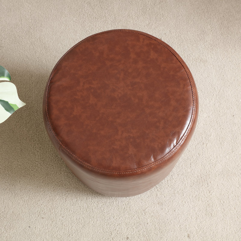30cm Small Round Faux Leather Upholstered Ottoman, Brown