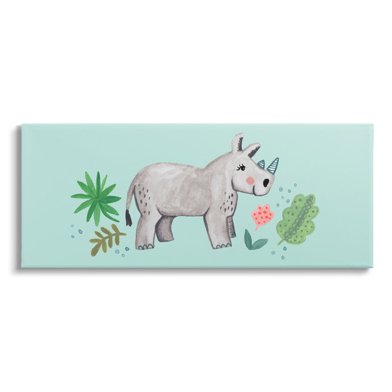 «Rhino Plants Leaves Turquoise» par Heather Strianese - peinture, H 10 po x l 24 po, Toile tendue