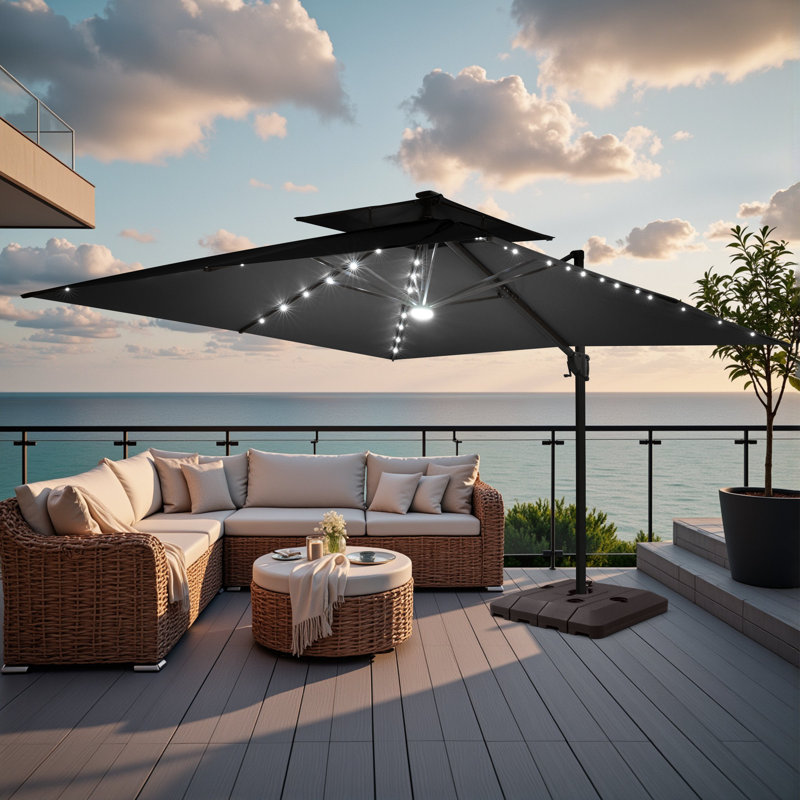 Parasol en porte-à-faux de patio carré 11 pi 11 pi avec lumières DEL et base lestée, Noir
