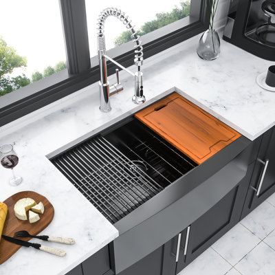 Gunmetal Black 33" Apron Front Kitchen Sink Workstation Stainless Steel