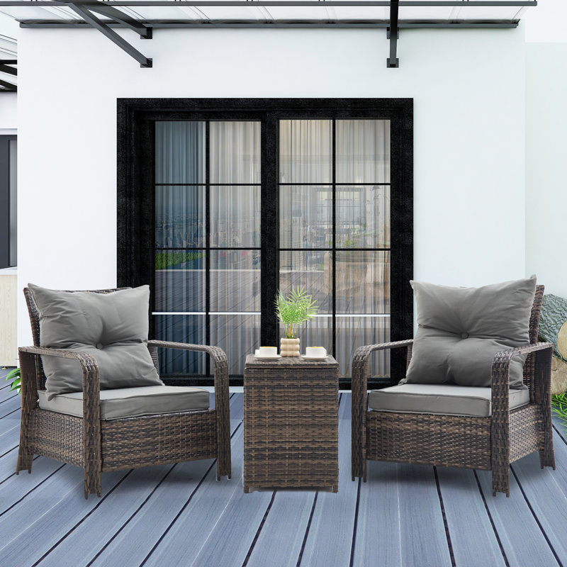 3-Piece Outdoor Rattan Furniture Set, Modern Patio Seating Group With Tufted Cushions And Storage Table, Gray