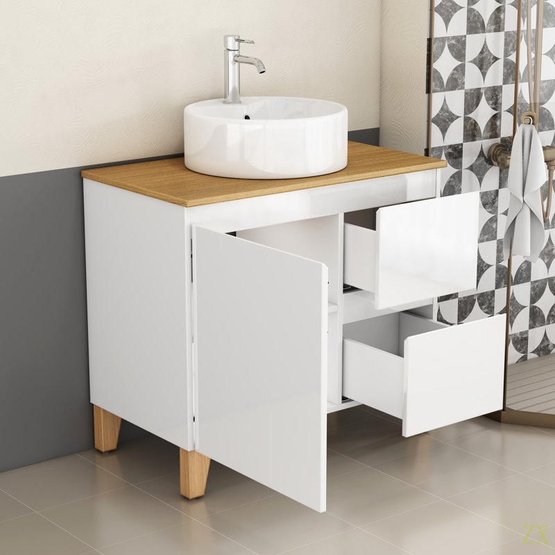 Ensemble de meuble-lavabo moderne de 31,5 po avec lavabo combiné, 1 porte et 2 grands tiroirs, système de cloisonnement doux, conception sans poignée, comptoir et pieds en bois massif naturel, lavabo rond en céramique sur le comptoir
