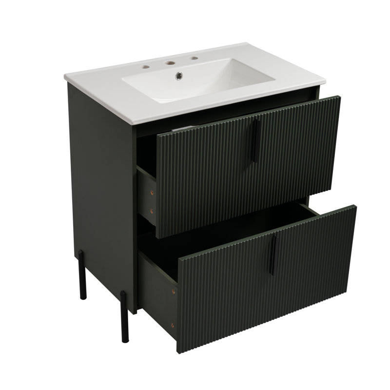  Meuble-lavabo de 30 po avec lavabo en céramique et unités de rangement à extension complète, glissières de tiroir à fermeture en douceur, conception cannelée, vert
