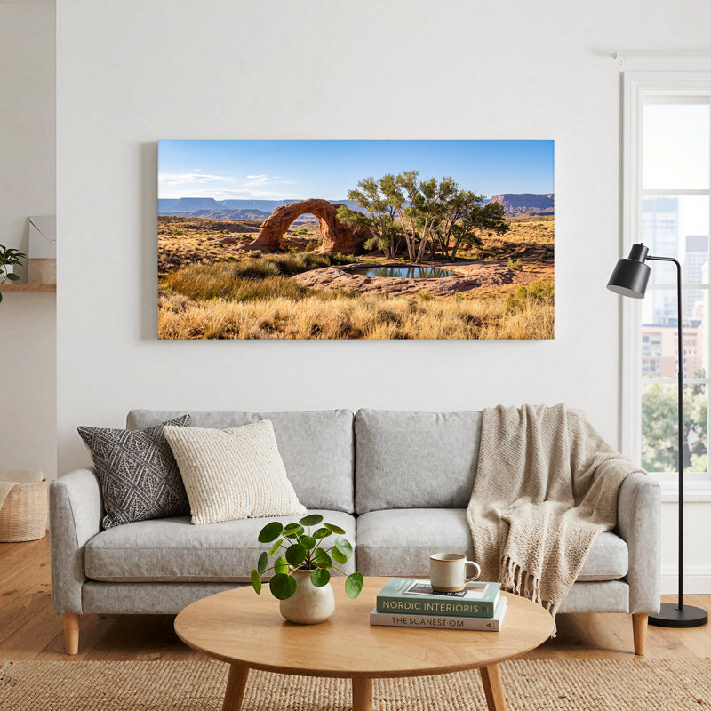 Arche de grès rouge et arbres verts près de l'eau, art mural 47 x 24 x 1,5 po